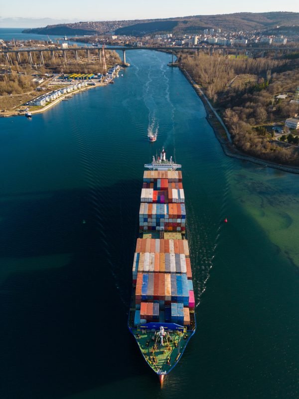 Aerial top down view container ship, shipping or transportation concept background.